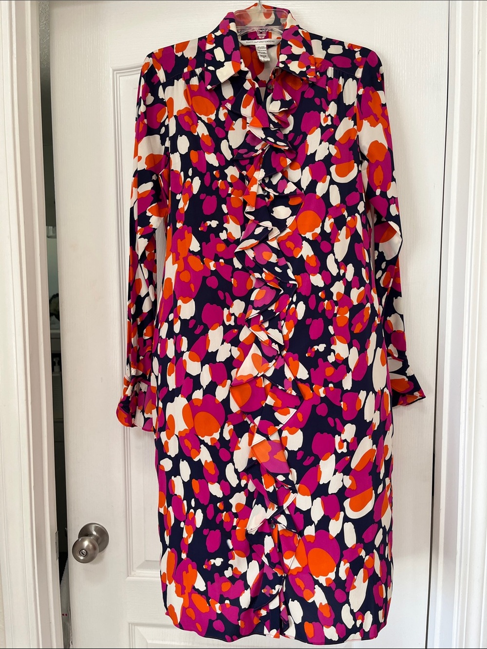 Diane Von Furstenberg Magenta Orange  Ruffle-Front Long Sleeve Silk Dress, 10